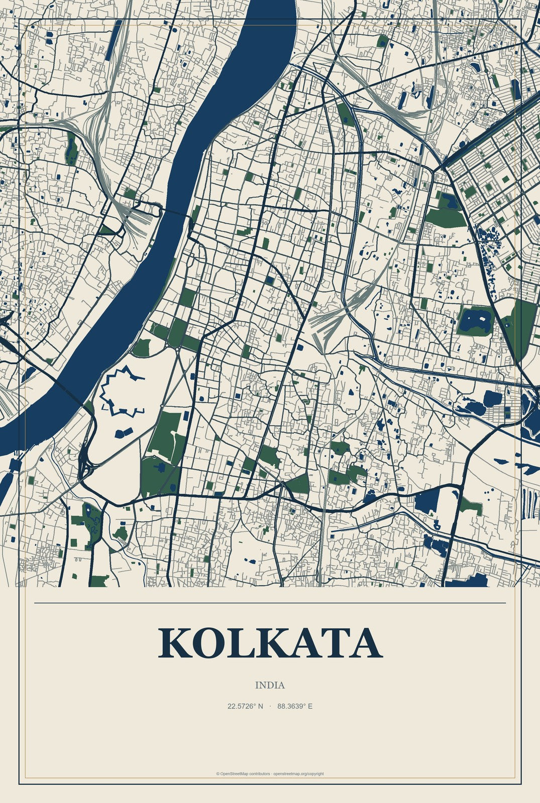 Kolkata, India City Map Aluminum Sign in Coastal Cutout style