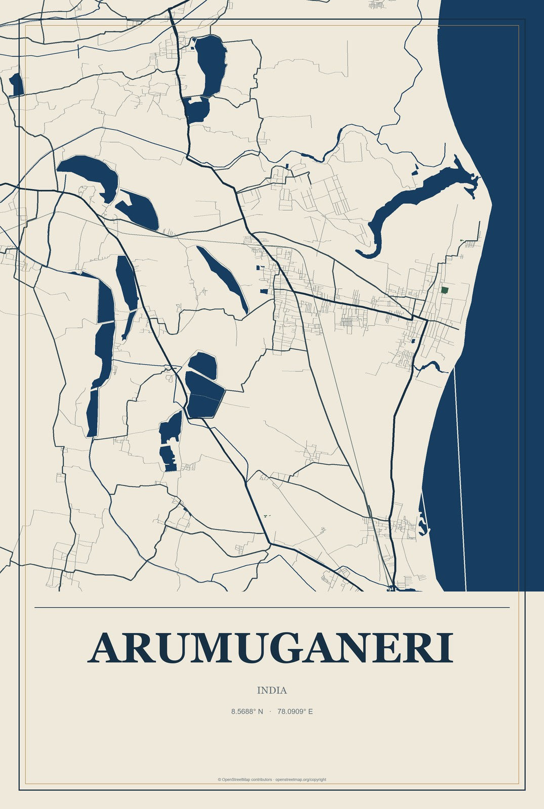 Arumuganeri, India City Map Aluminum Sign in Coastal Cutout style