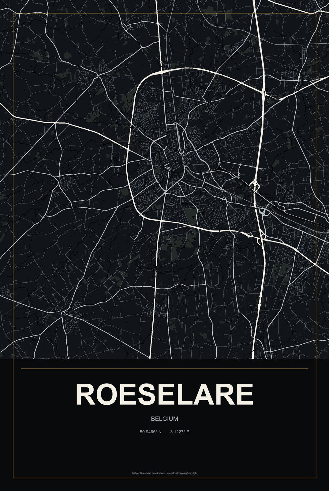 Roeselare, Belgium City Map Aluminum Sign in Metropolitan Noir style
