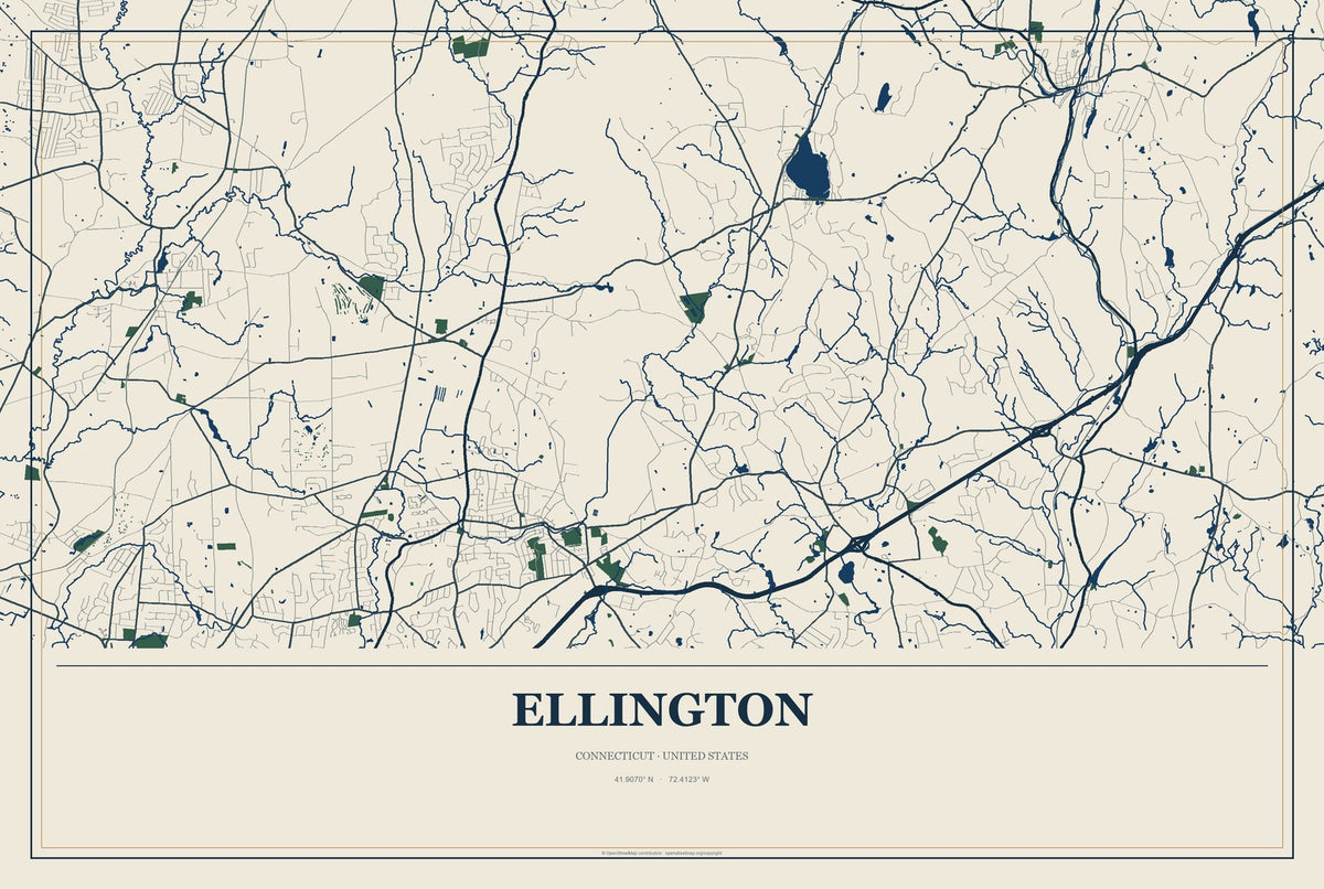 Ellington, Connecticut City Map Aluminum Sign in Coastal Cutout style