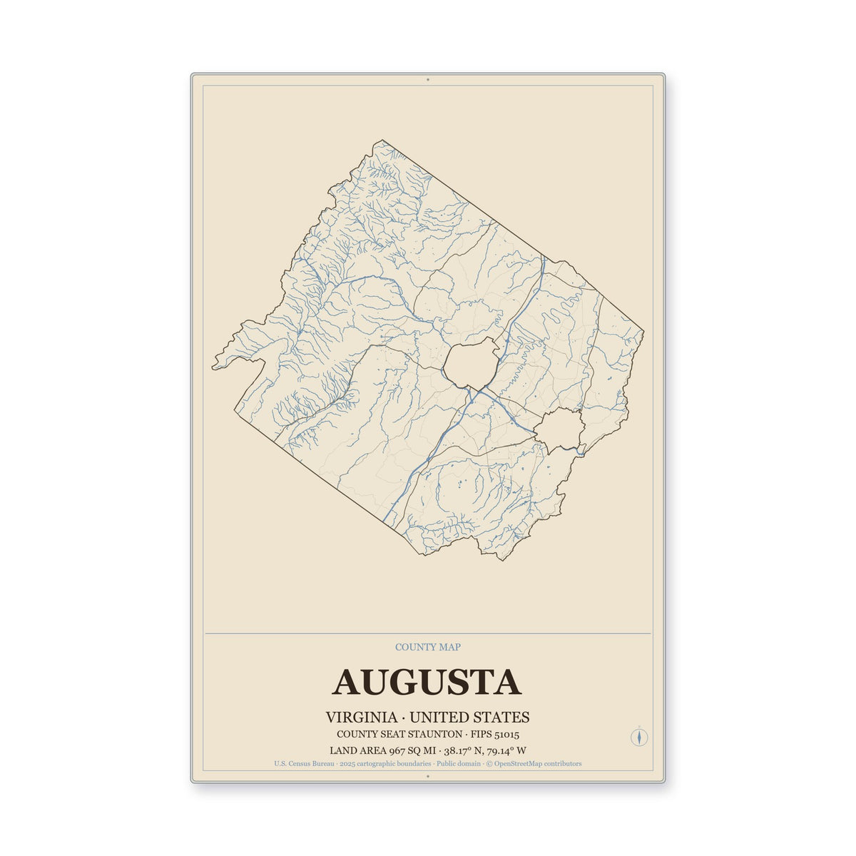 Augusta County, Virginia Map Aluminum Sign in Heritage Nautical style