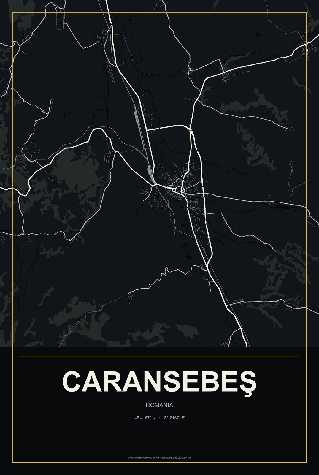 Caransebeş, Romania City Map Aluminum Sign in Metropolitan Noir style