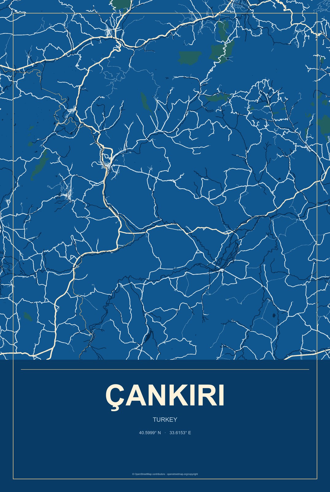 Çankırı, Turkey City Map Aluminum Sign in Harbor Cobalt style
