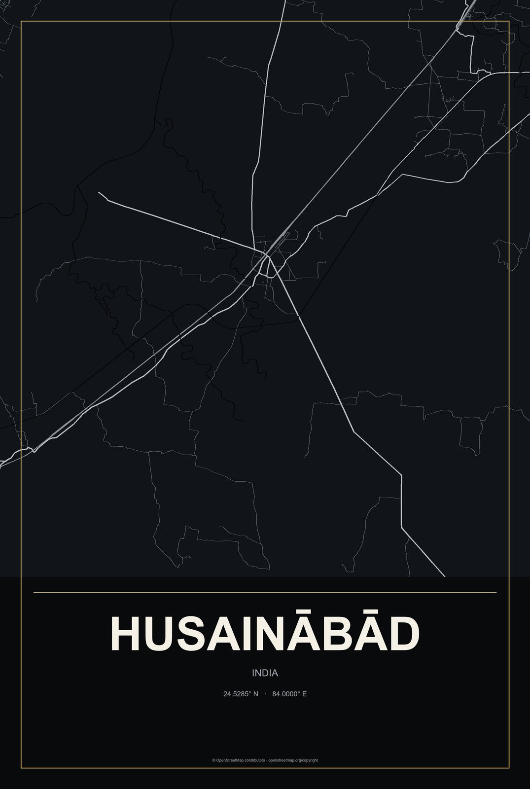 Husainābād, India City Map Aluminum Sign in Metropolitan Noir style