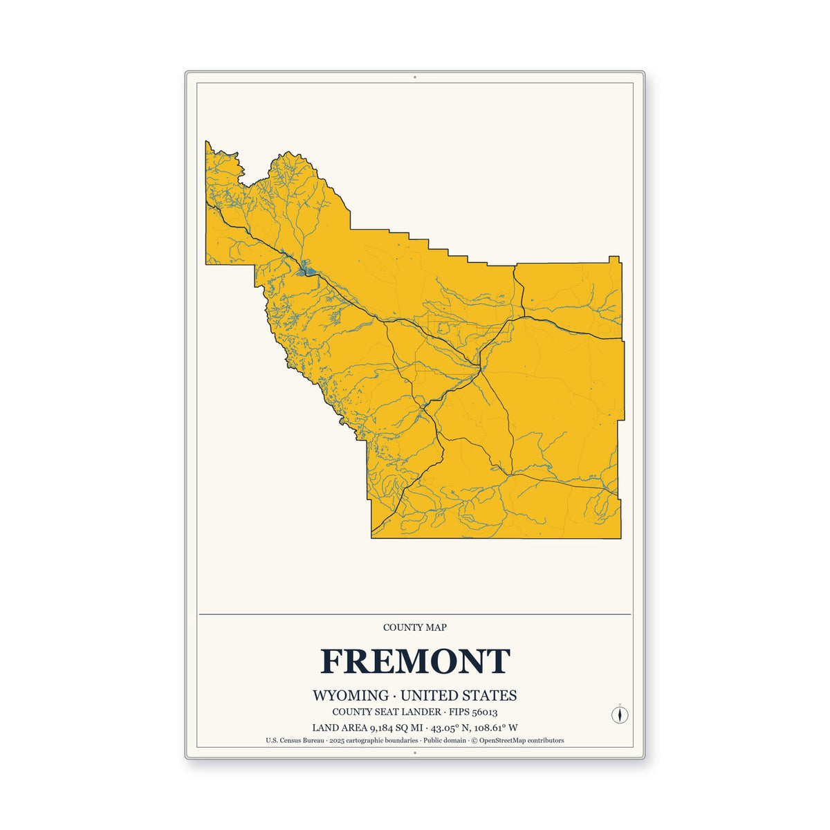 Fremont County, Wyoming Map Aluminum Sign in Citrine Modern style