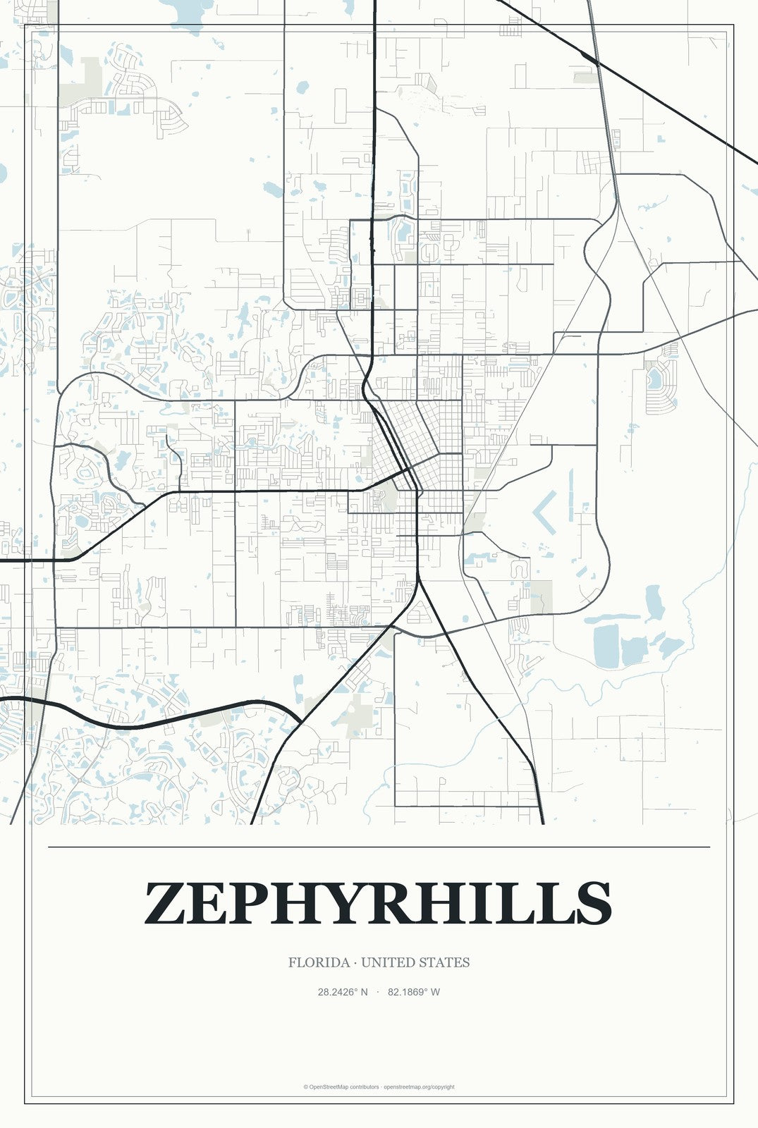 Zephyrhills, Florida City Map Aluminum Sign in Gallery Air style