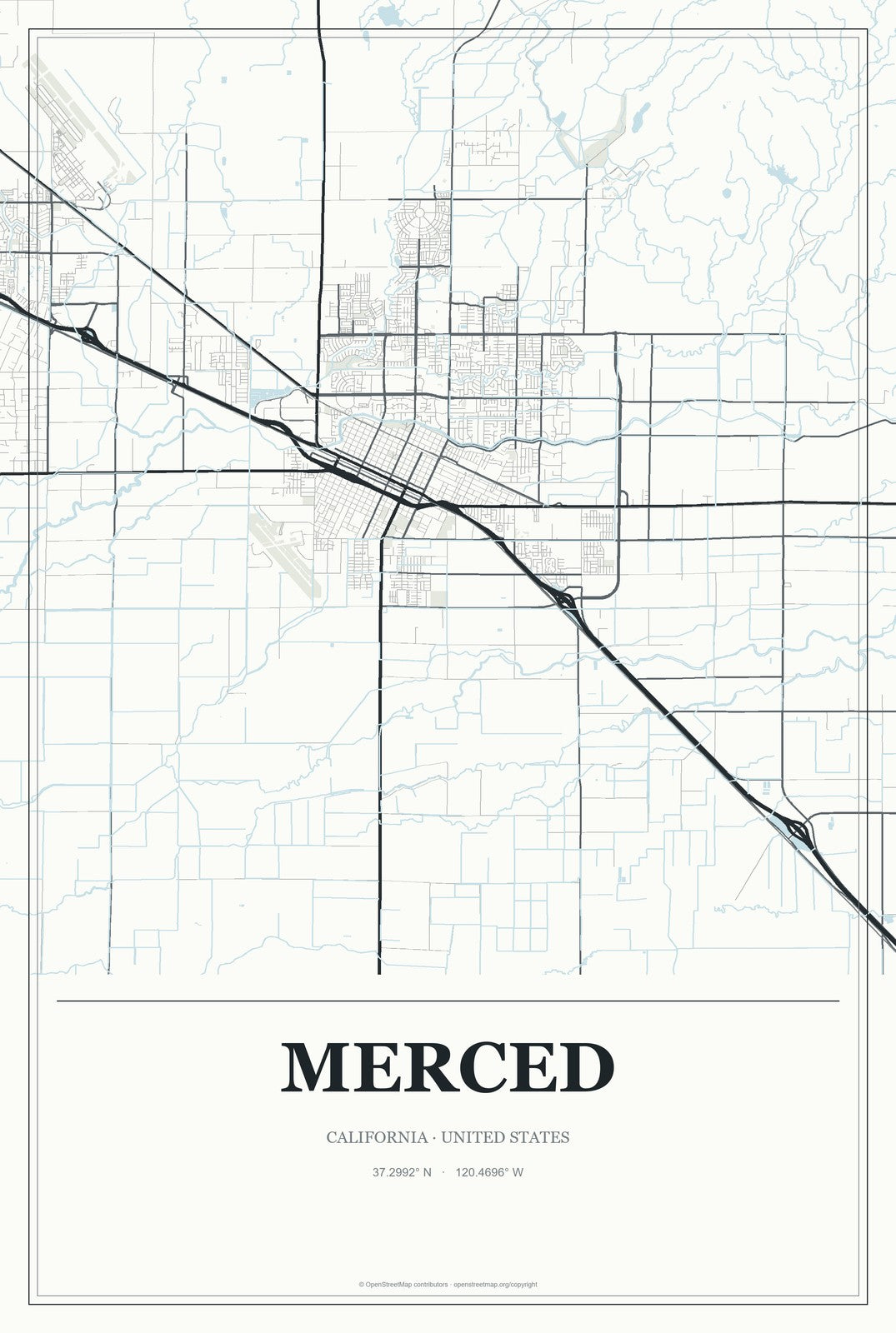 Merced, California City Map Aluminum Sign in Gallery Air style