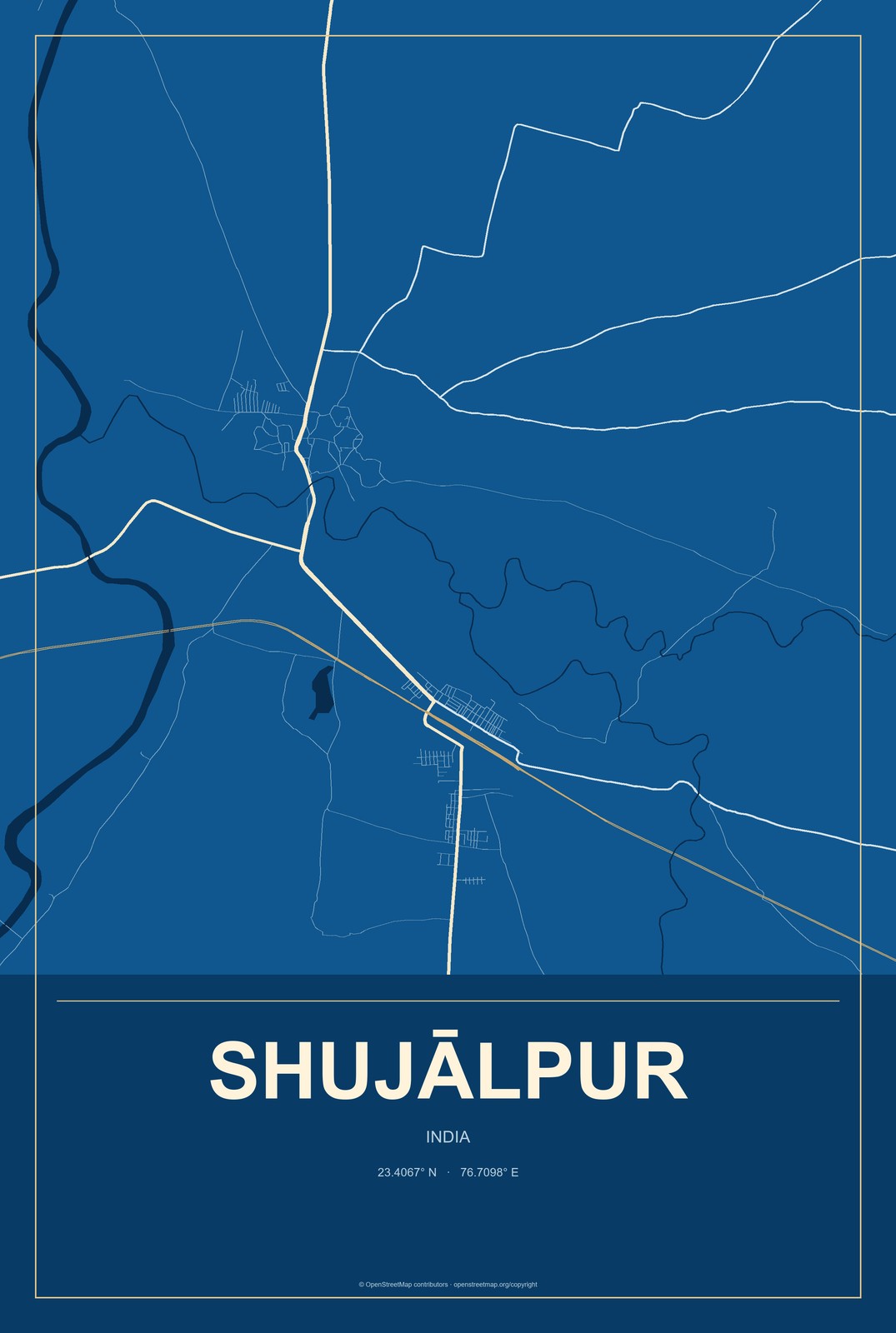Shujālpur, India City Map Aluminum Sign in Harbor Cobalt style