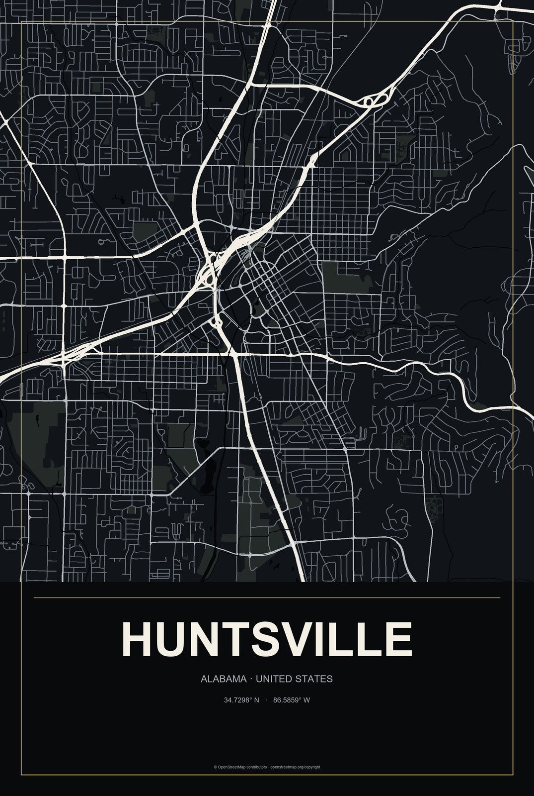 Huntsville, Alabama City Map Aluminum Sign in Metropolitan Noir style