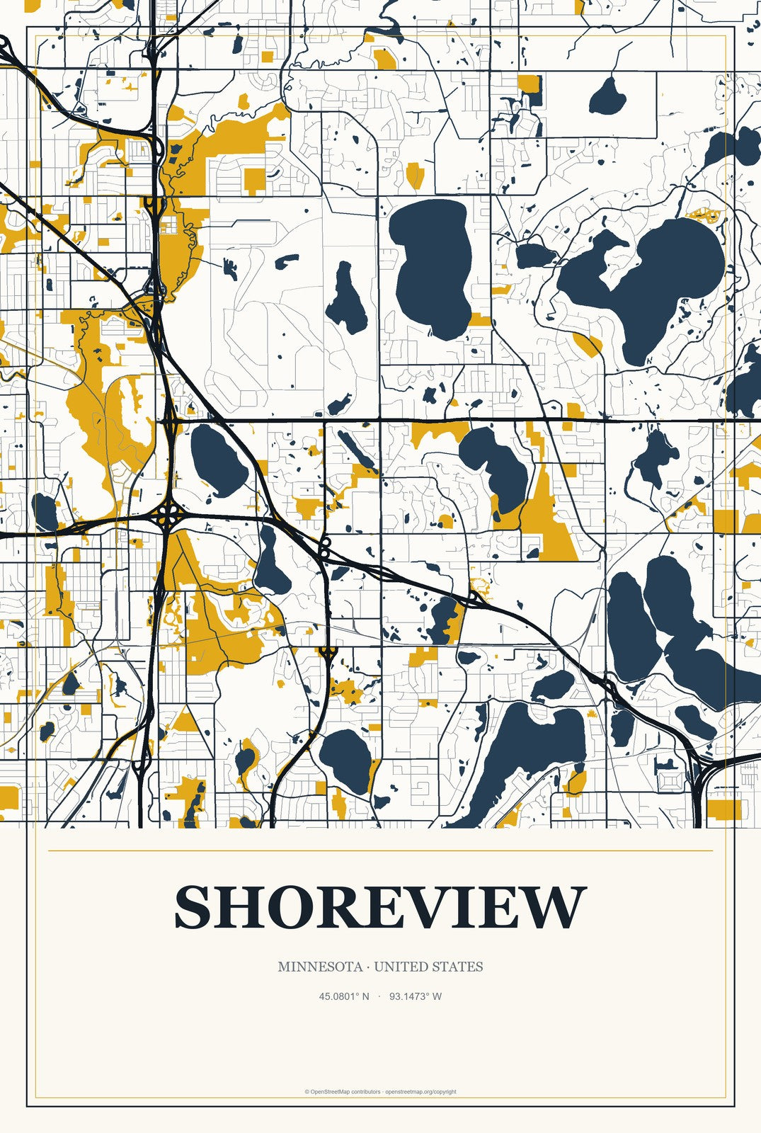 Shoreview, Minnesota City Map Aluminum Sign in Citrine Modern style