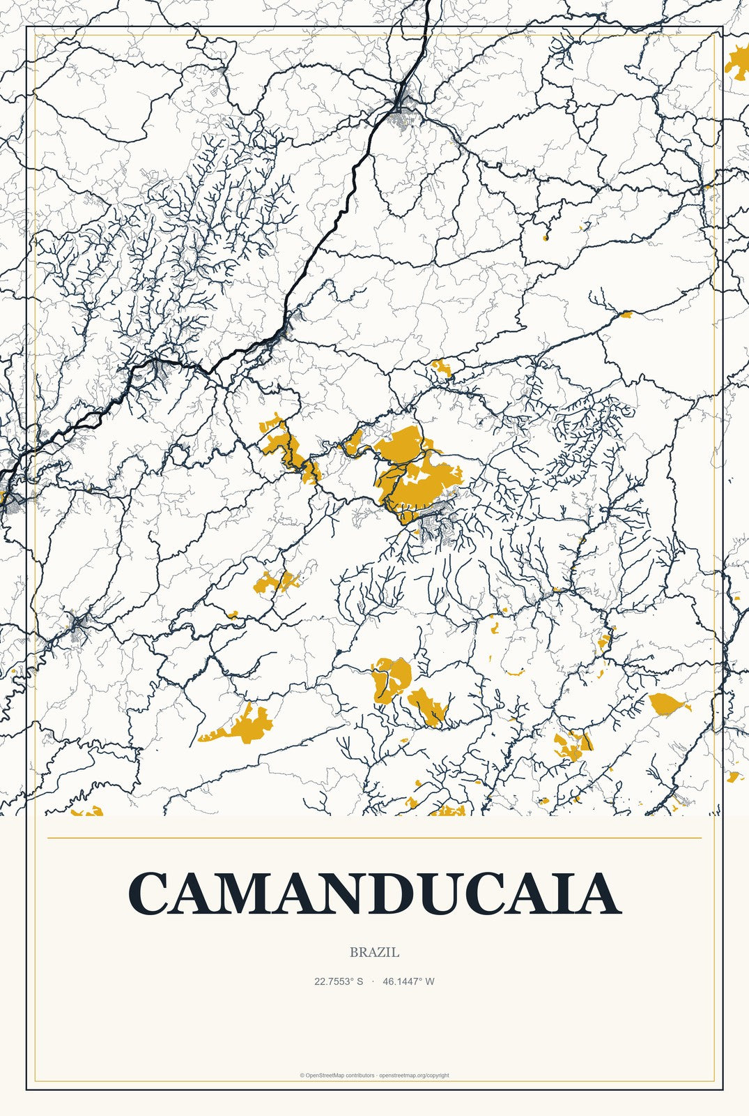 Camanducaia, Brazil City Map Aluminum Sign in Citrine Modern style