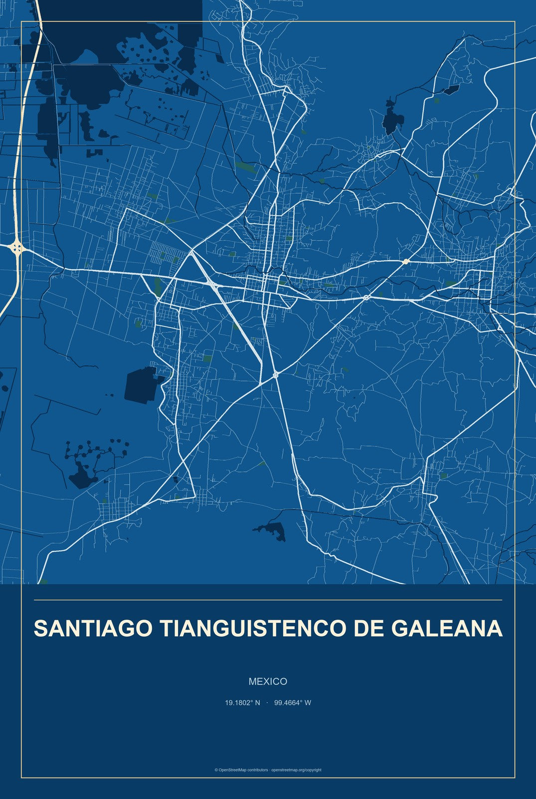 Santiago Tianguistenco de Galeana, Mexico City Map Aluminum Sign in Harbor Cobalt style