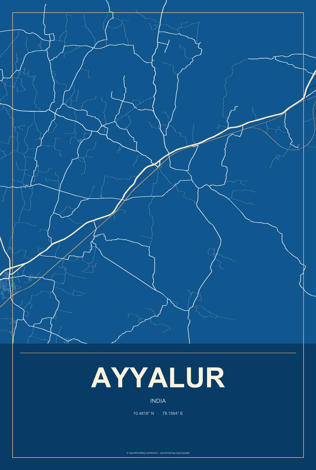 Ayyalur, India City Map Aluminum Sign in Harbor Cobalt style