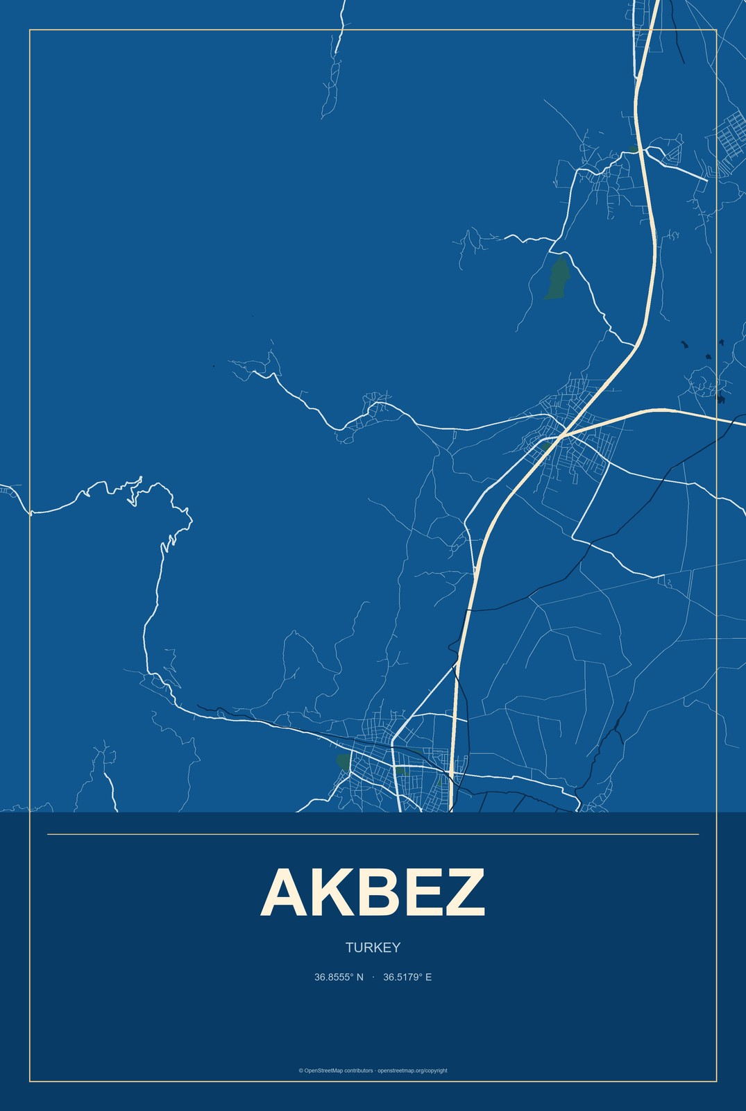 Akbez, Turkey City Map Aluminum Sign in Harbor Cobalt style