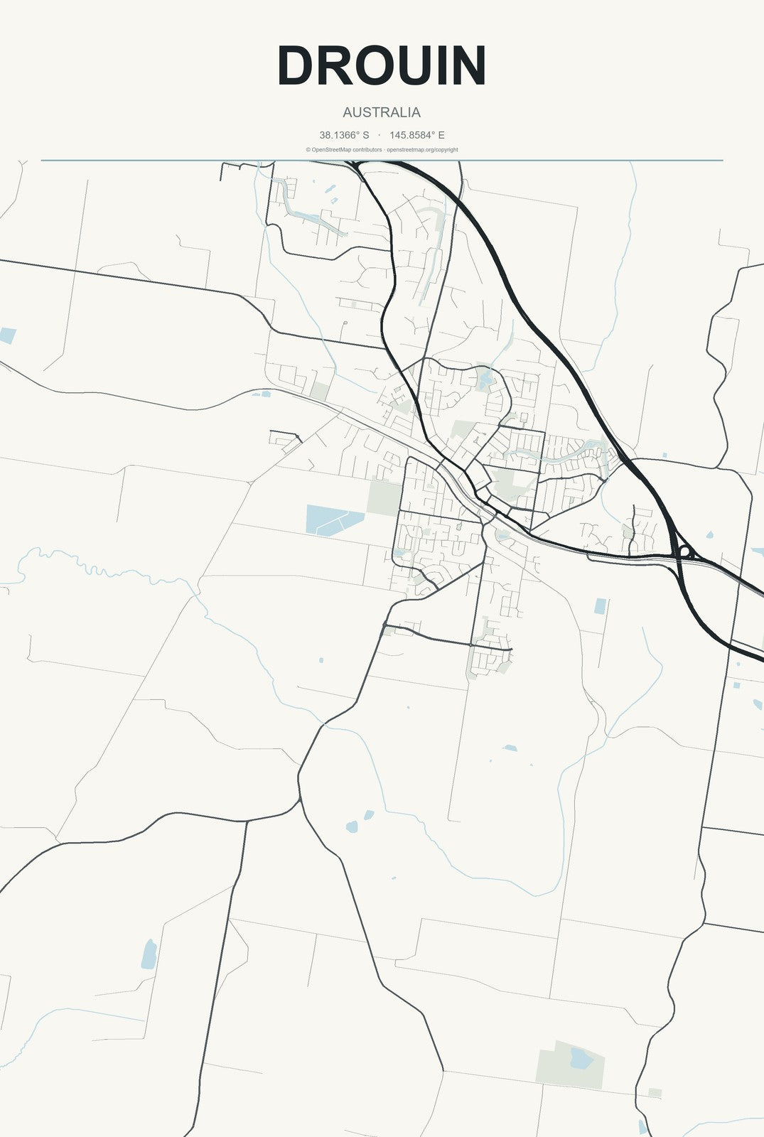 Drouin, Australia City Map Aluminum Sign in Headline Atlas style