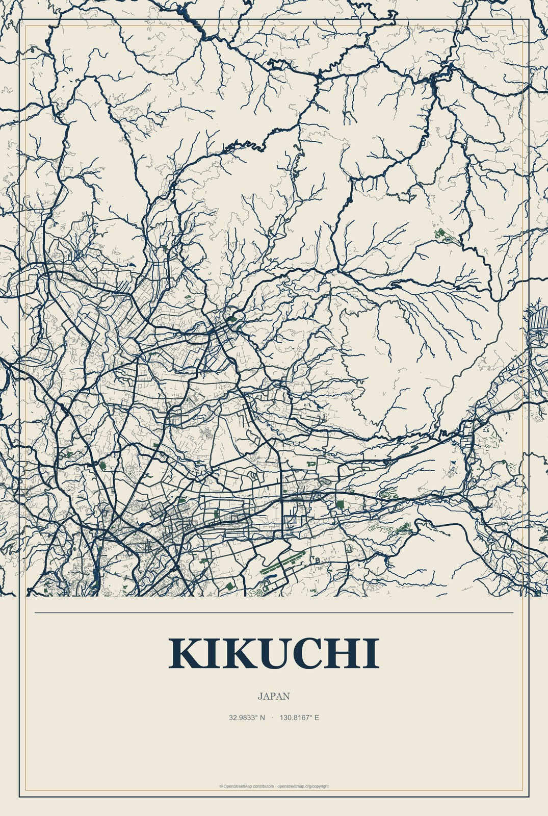 Kikuchi, Japan City Map Aluminum Sign in Coastal Cutout style