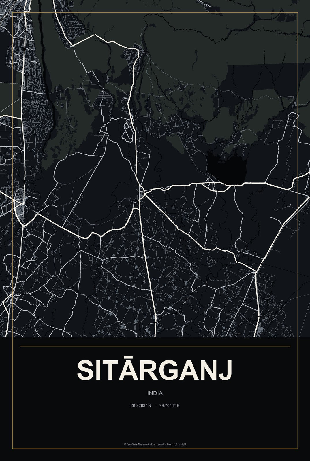 Sitārganj, India City Map Aluminum Sign in Metropolitan Noir style
