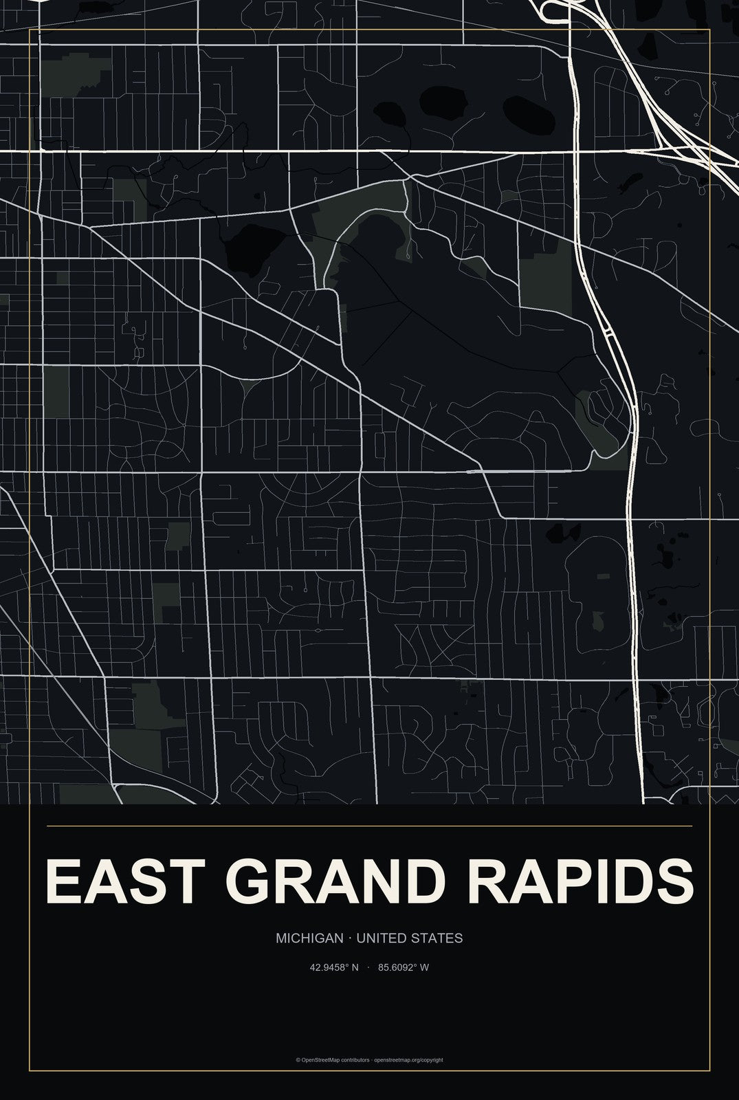 East Grand Rapids, Michigan City Map Aluminum Sign in Metropolitan Noir style