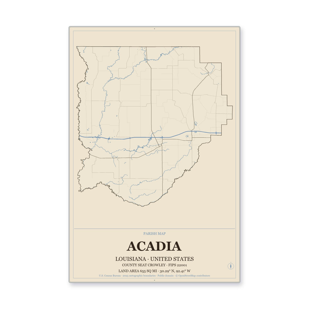 Acadia Parish, Louisiana Map Aluminum Sign in Heritage Nautical style