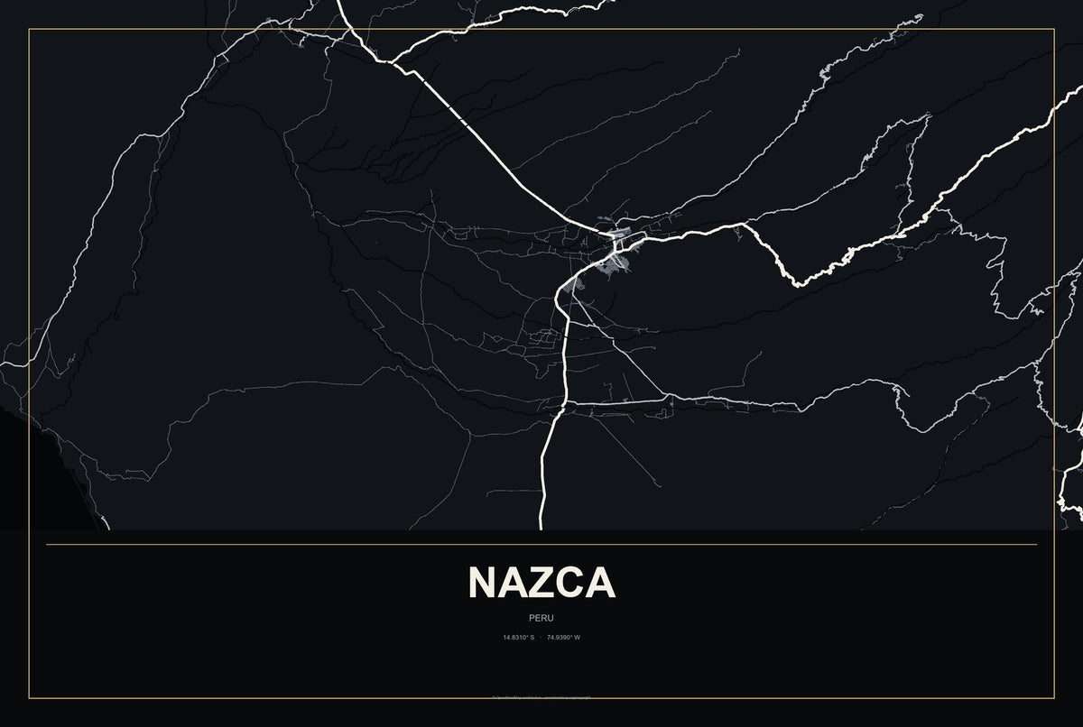 Nazca, Peru City Map Aluminum Sign in Metropolitan Noir style