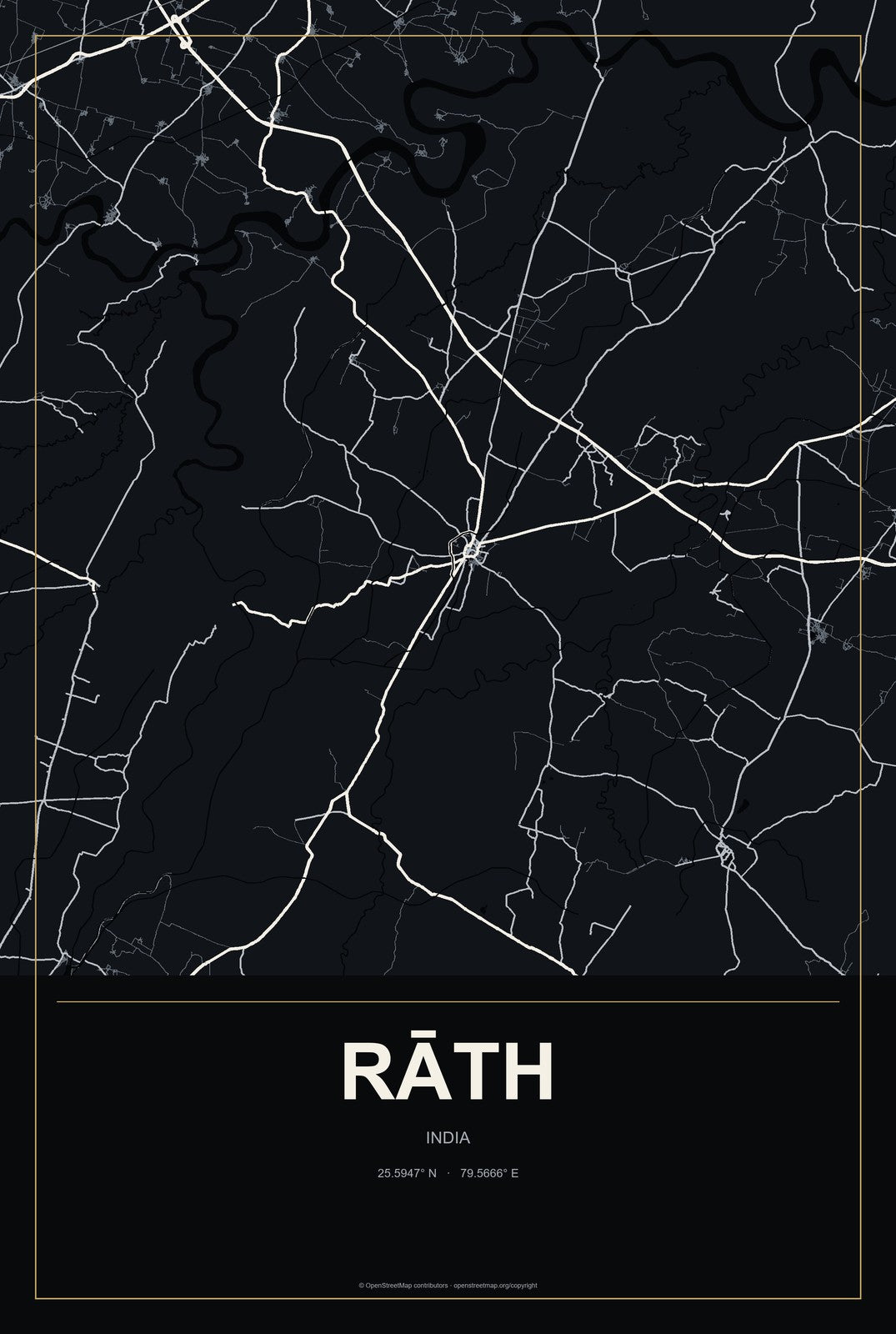Rāth, India City Map Aluminum Sign in Metropolitan Noir style