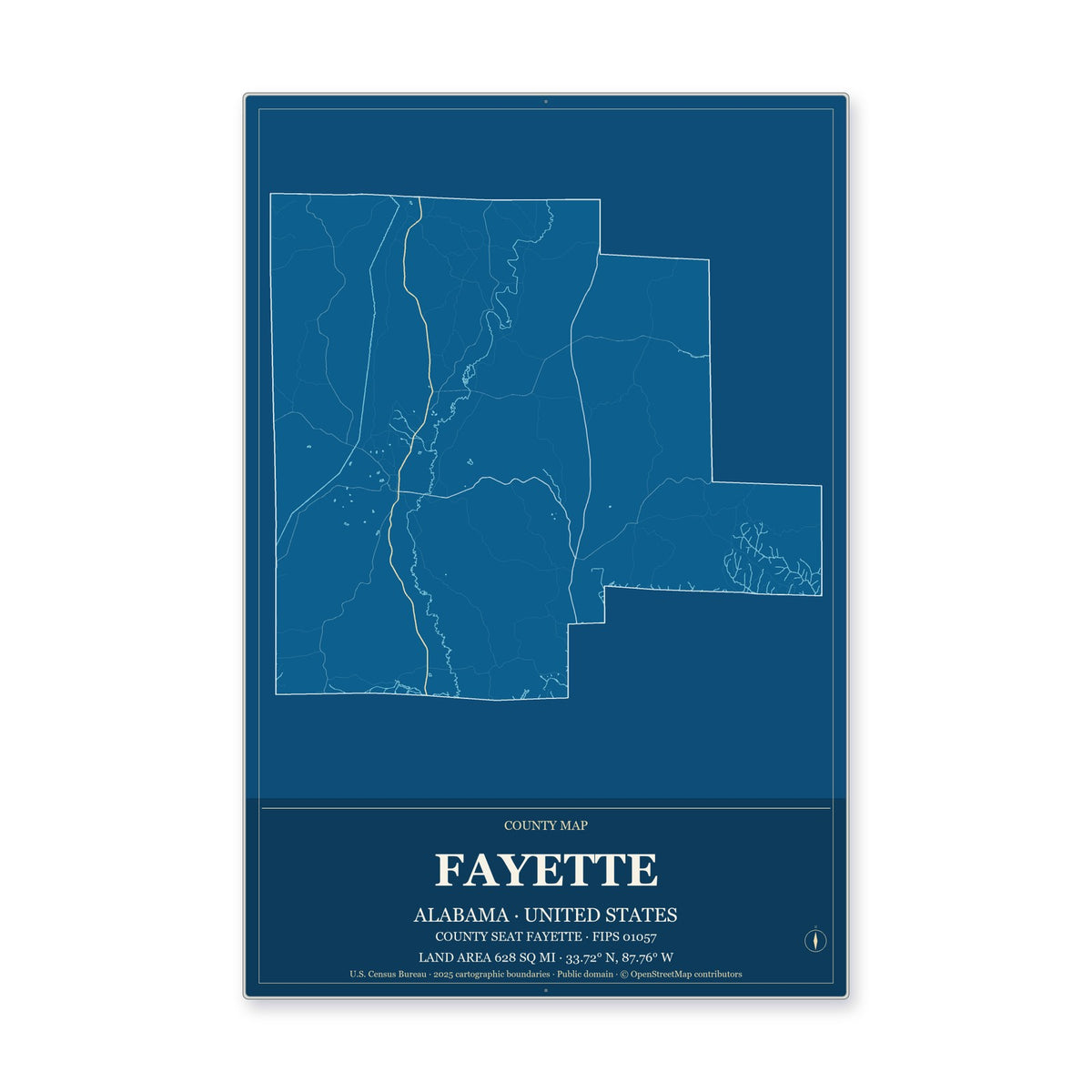Fayette County, Alabama Map Aluminum Sign in Harbor Cobalt style