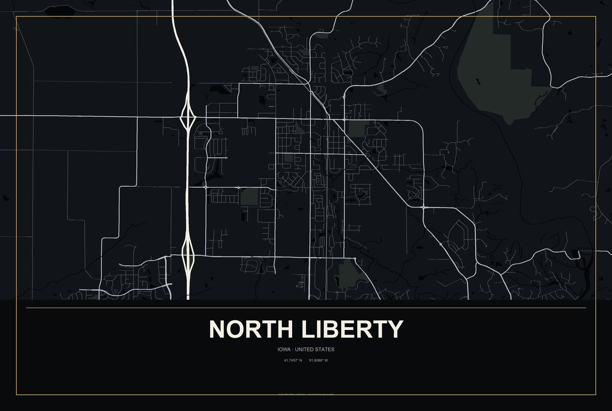 North Liberty, Iowa City Map Aluminum Sign in Metropolitan Noir style