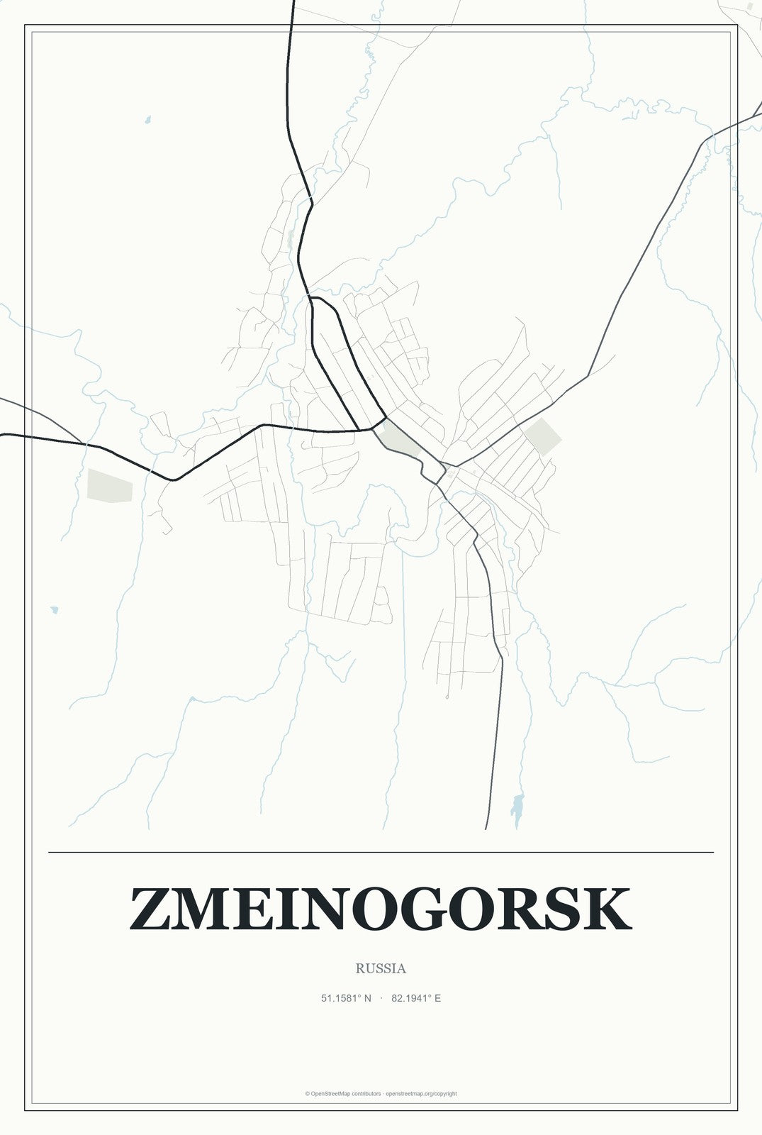 Zmeinogorsk, Russia City Map Aluminum Sign in Gallery Air style