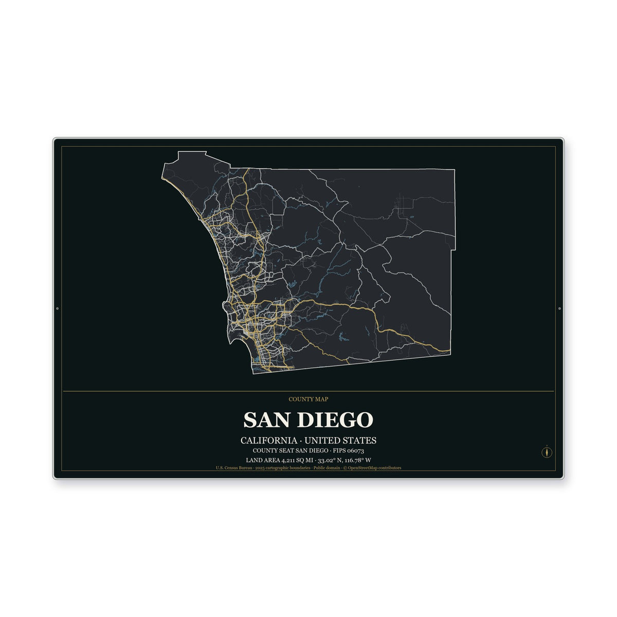 San Diego County, California Map Aluminum Sign in Metropolitan Noir style