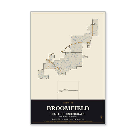 Broomfield County, Colorado Map Aluminum Sign in Museum Plaque style
