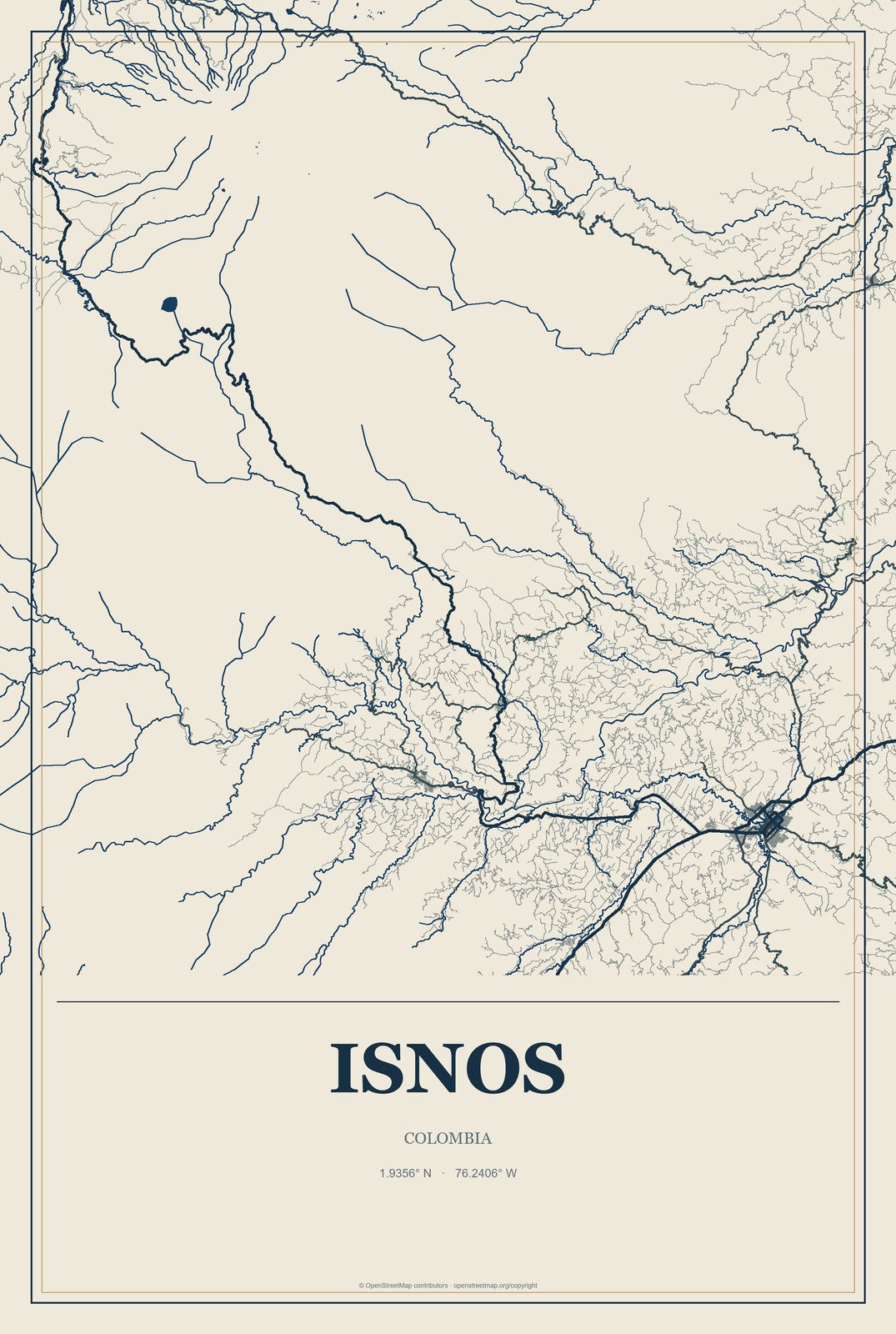 Isnos, Colombia City Map Aluminum Sign in Coastal Cutout style