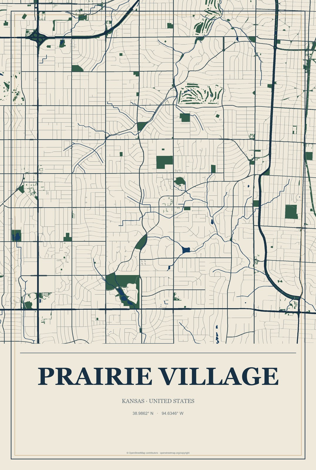 Prairie Village, Kansas City Map Aluminum Sign in Coastal Cutout style