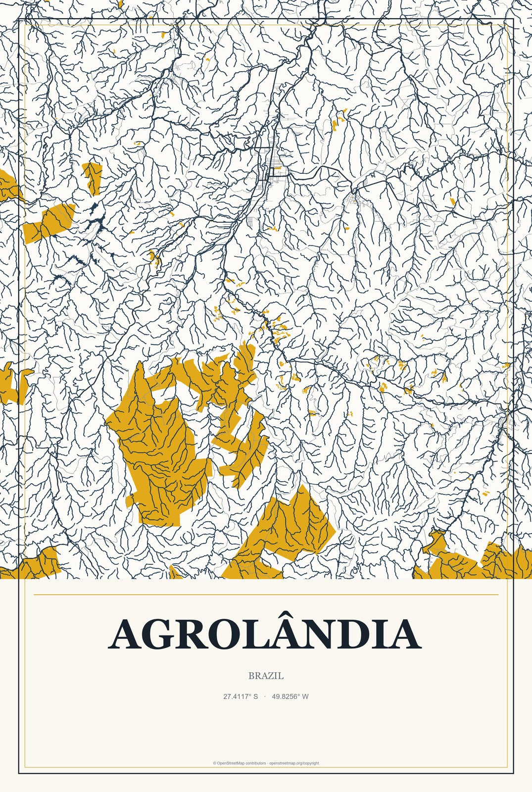 Agrolândia, Brazil City Map Aluminum Sign in Citrine Modern style