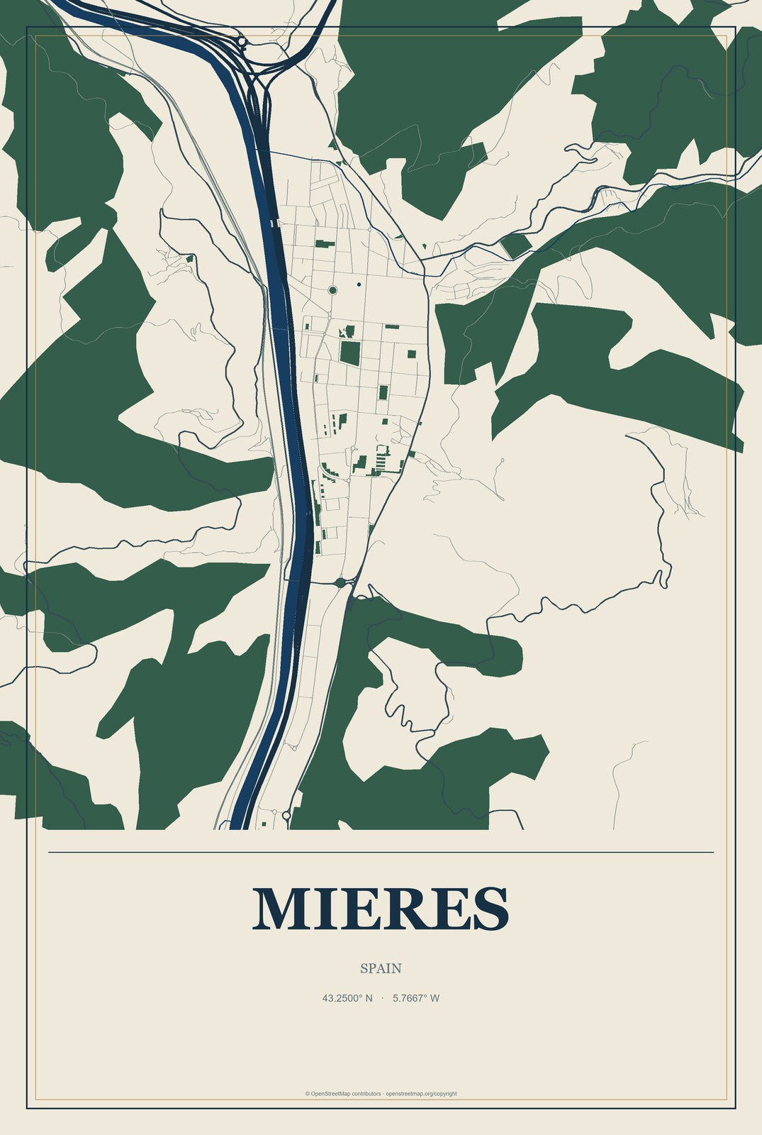 Mieres, Spain City Map Aluminum Sign in Coastal Cutout style