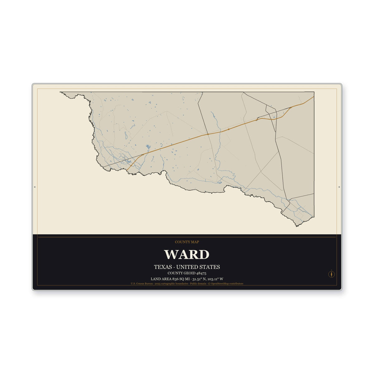 Ward County, Texas Map Aluminum Sign in Museum Plaque style