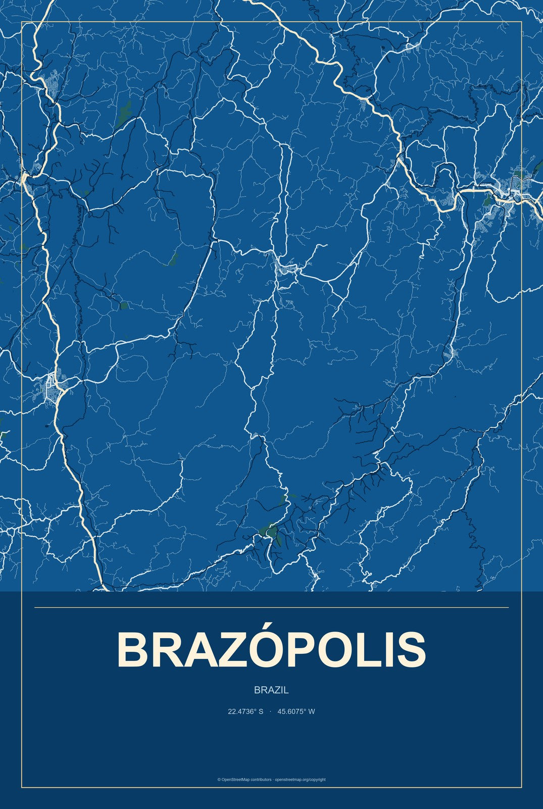 Brazópolis, Brazil City Map Aluminum Sign in Harbor Cobalt style