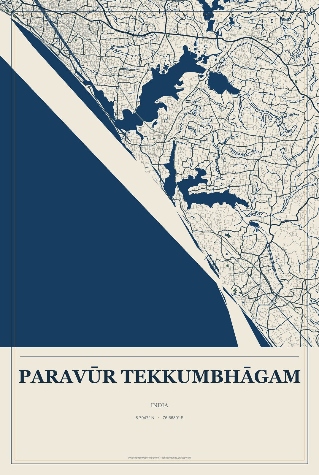 Paravūr Tekkumbhāgam, India City Map Aluminum Sign in Coastal Cutout style