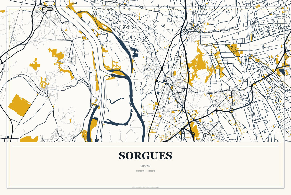 Sorgues, France City Map Aluminum Sign in Citrine Modern style