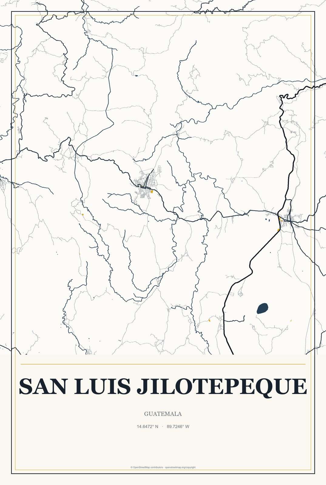 San Luis Jilotepeque, Guatemala City Map Aluminum Sign in Citrine Modern style