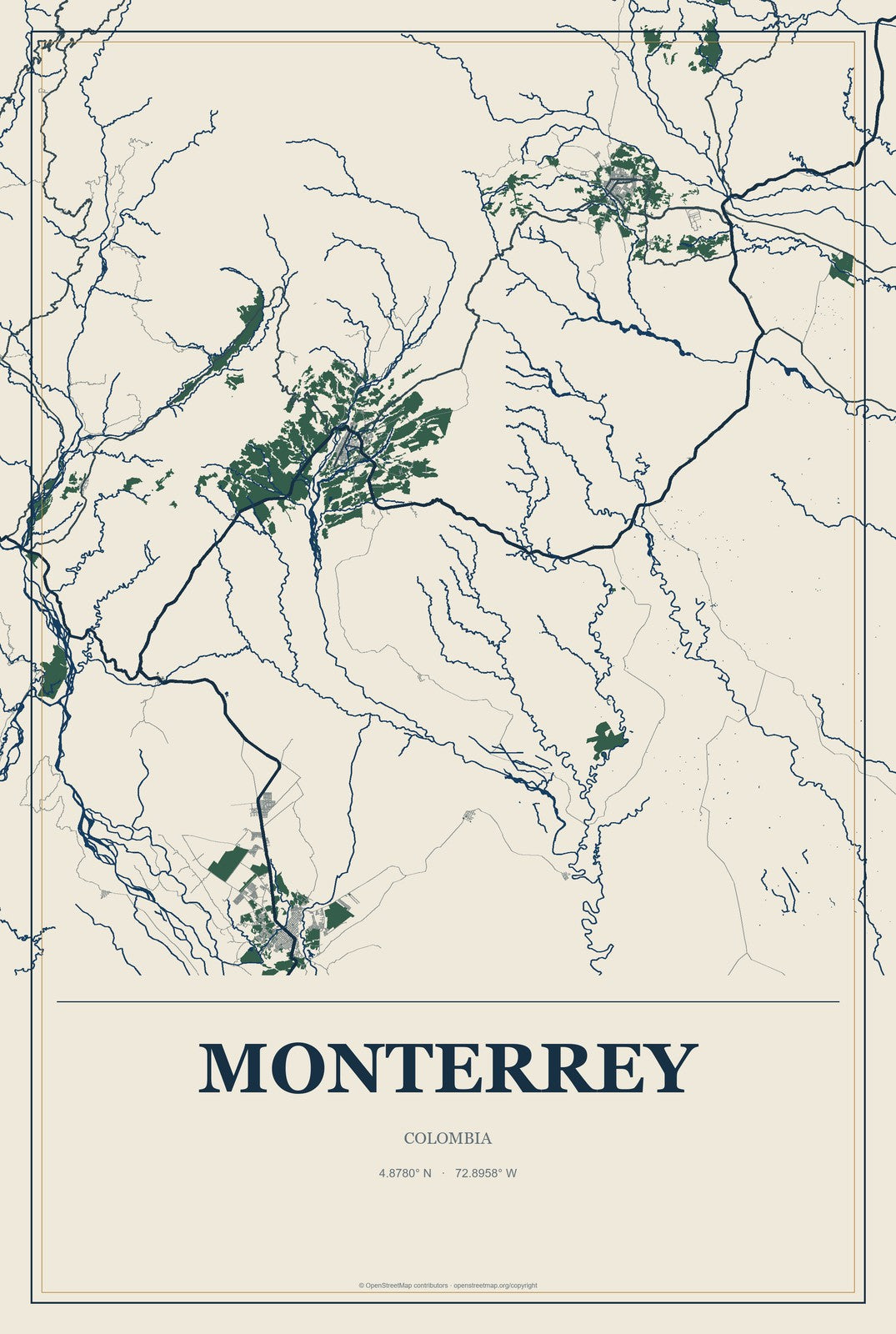 Monterrey, Colombia City Map Aluminum Sign in Coastal Cutout style