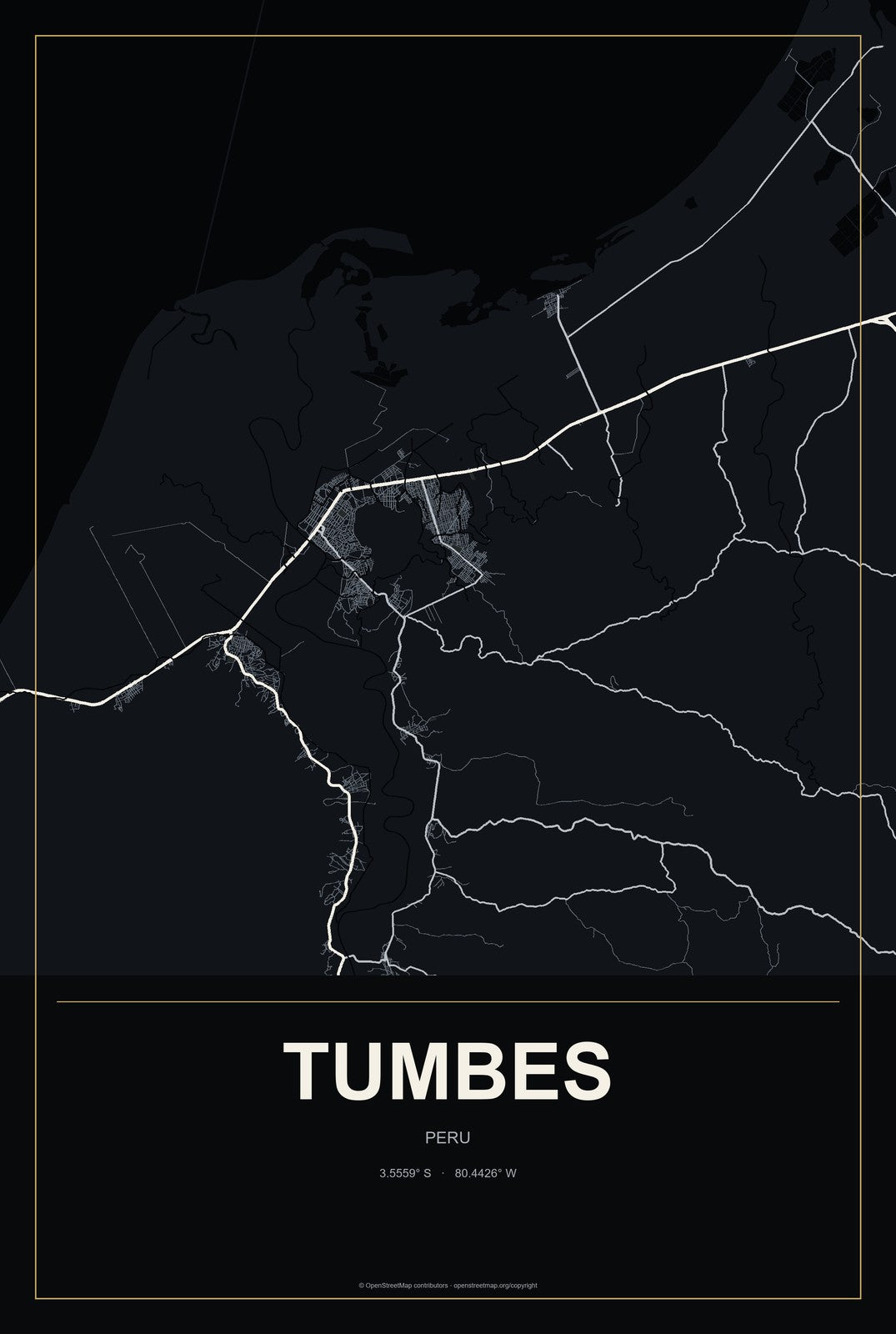 Tumbes, Peru City Map Aluminum Sign in Metropolitan Noir style