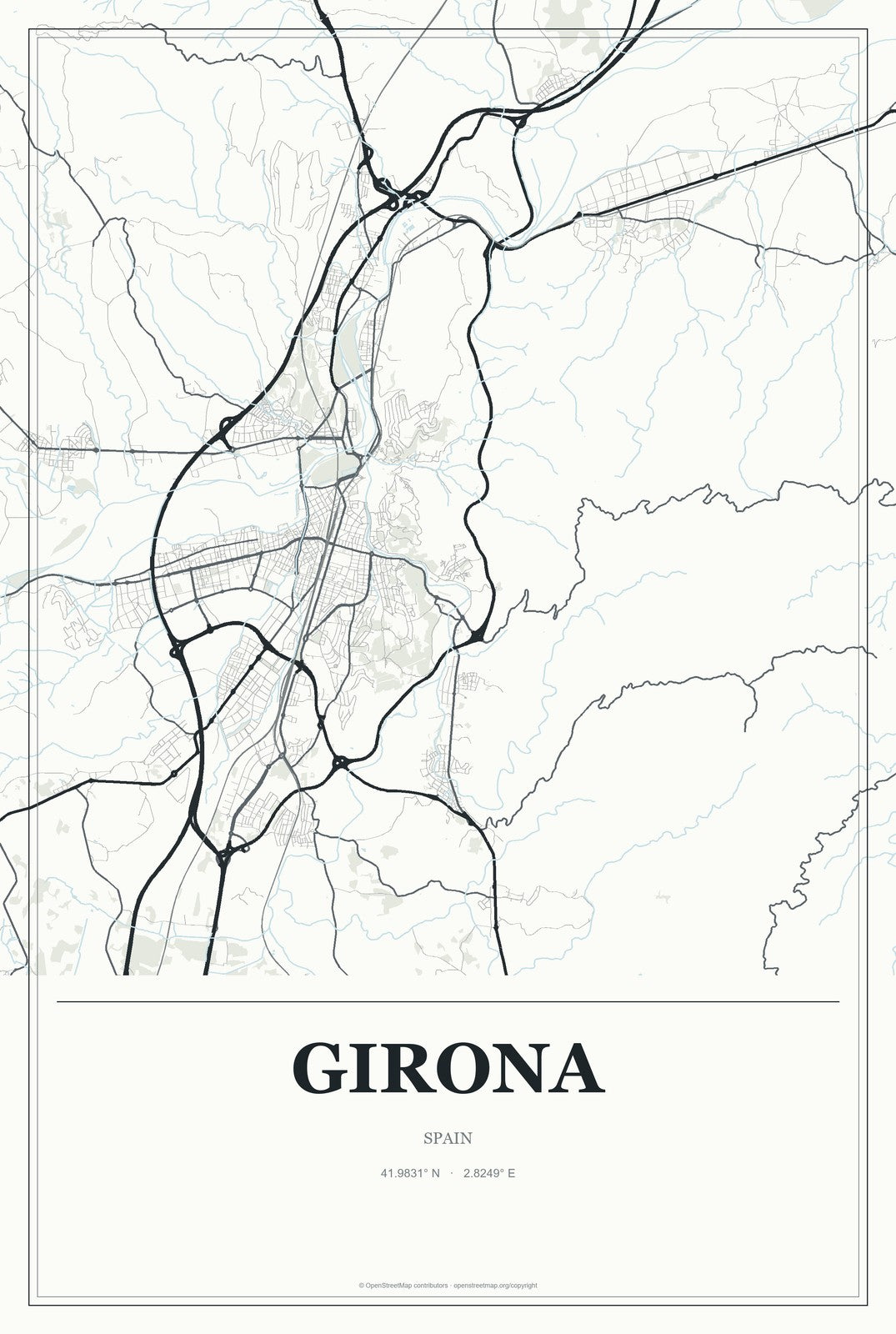 Girona, Spain City Map Aluminum Sign in Gallery Air style