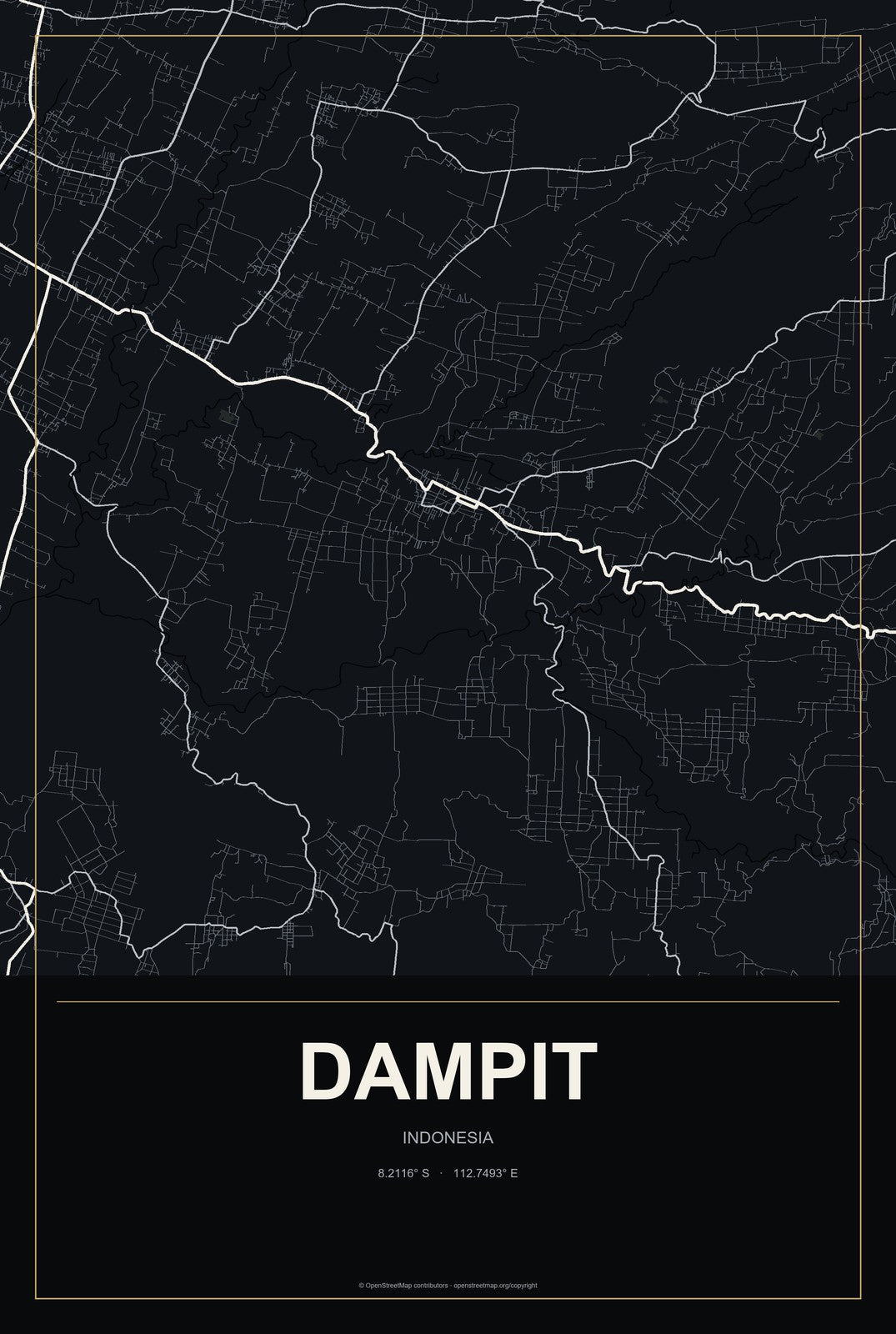 Dampit, Indonesia City Map Aluminum Sign in Metropolitan Noir style