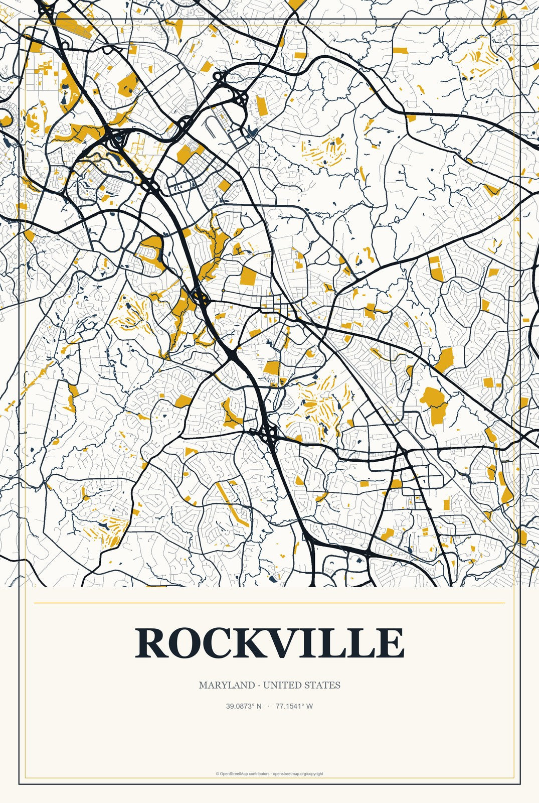 Rockville, Maryland City Map Aluminum Sign in Citrine Modern style
