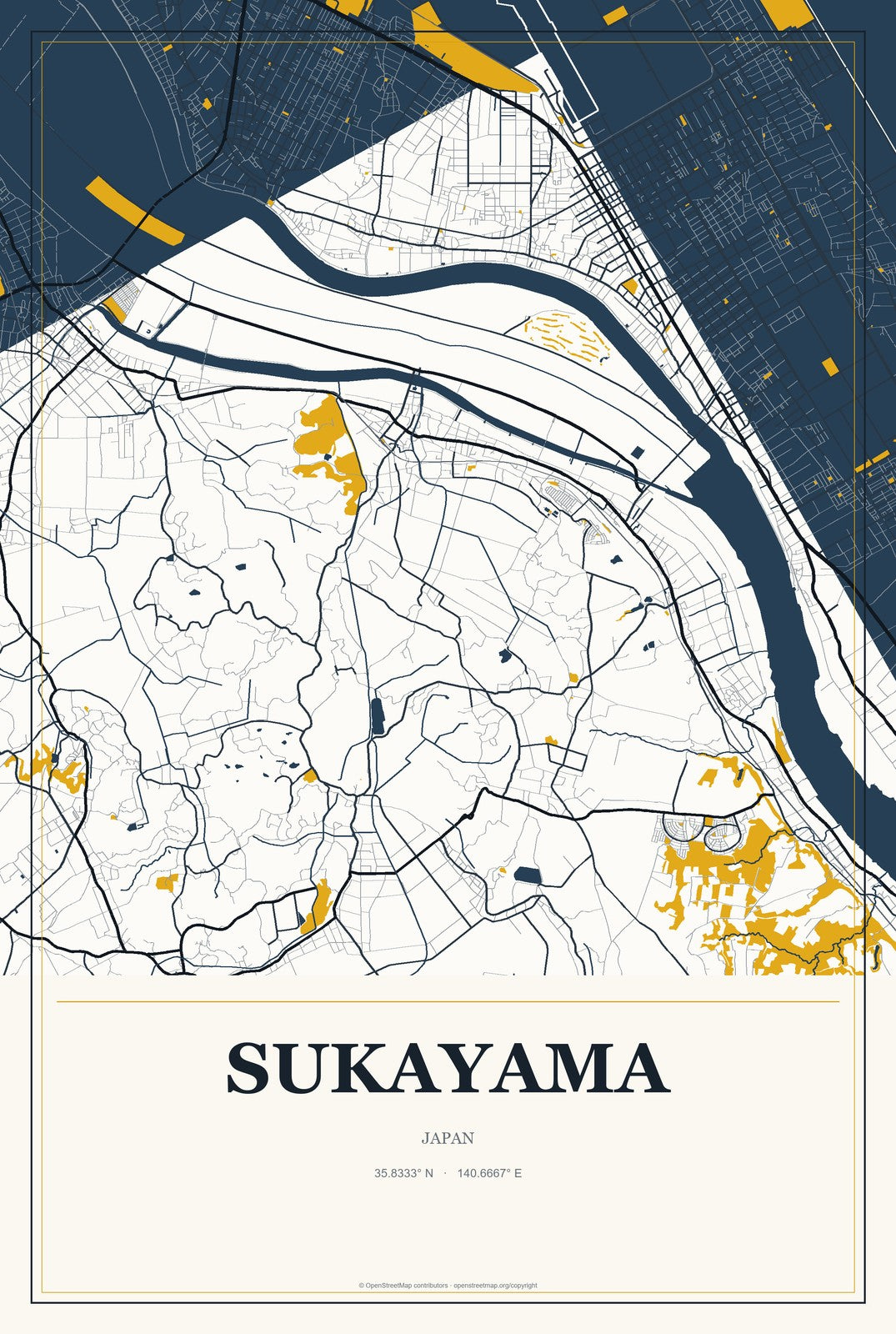 Sukayama, Japan City Map Aluminum Sign in Citrine Modern style