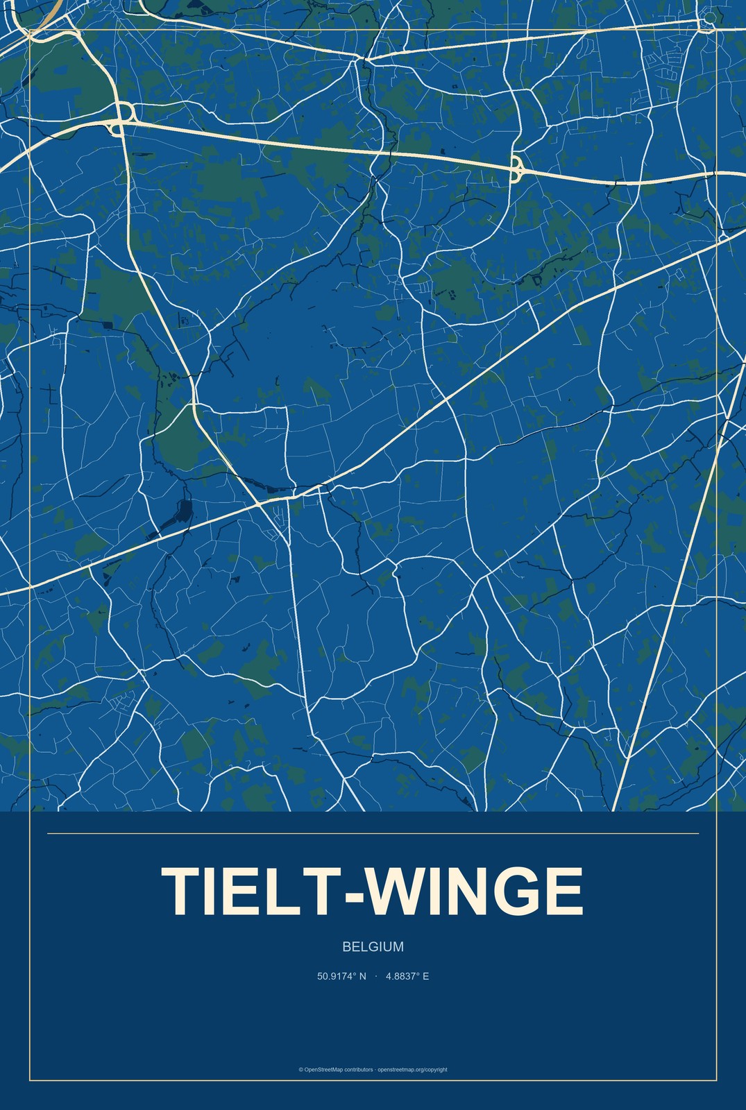 Tielt-Winge, Belgium City Map Aluminum Sign in Harbor Cobalt style