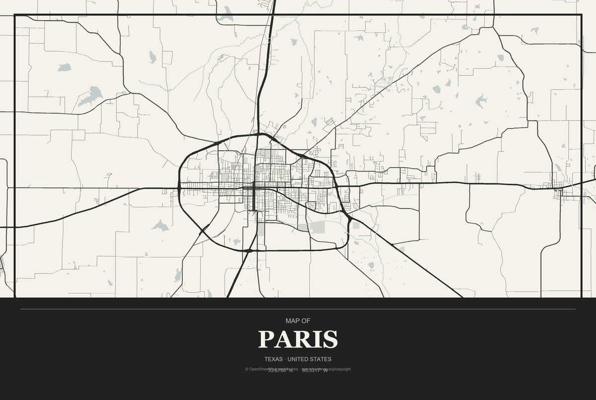 Paris, Texas City Map Aluminum Sign in Museum Plaque style
