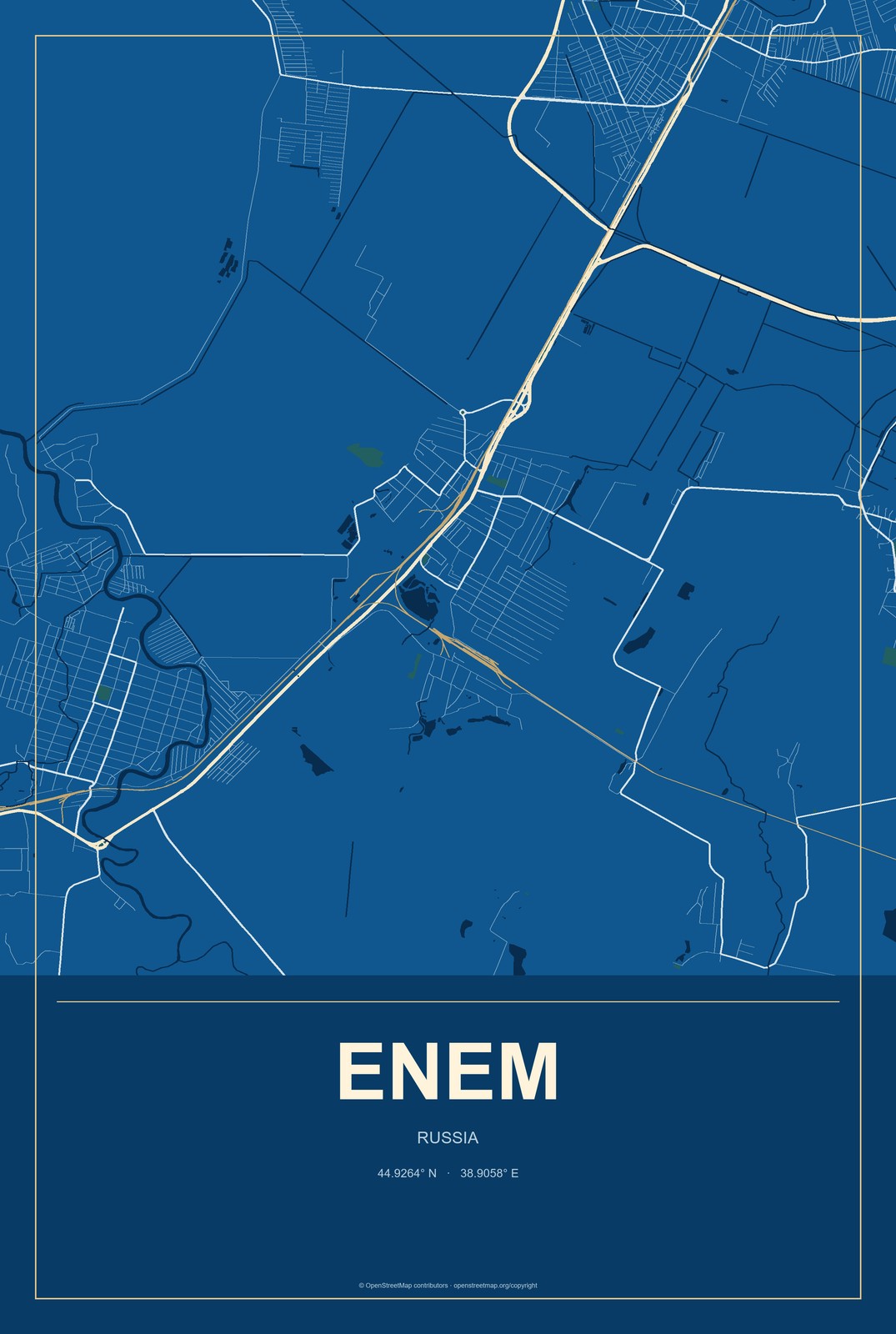 Enem, Russia City Map Aluminum Sign in Harbor Cobalt style