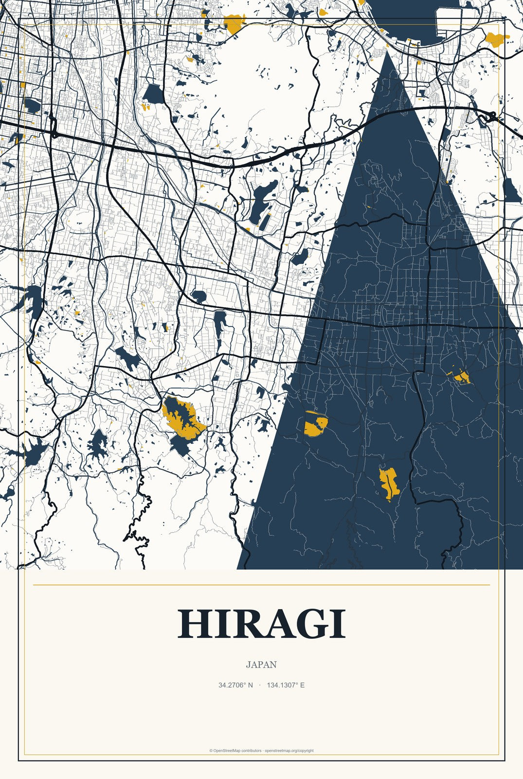 Hiragi, Japan City Map Aluminum Sign in Citrine Modern style