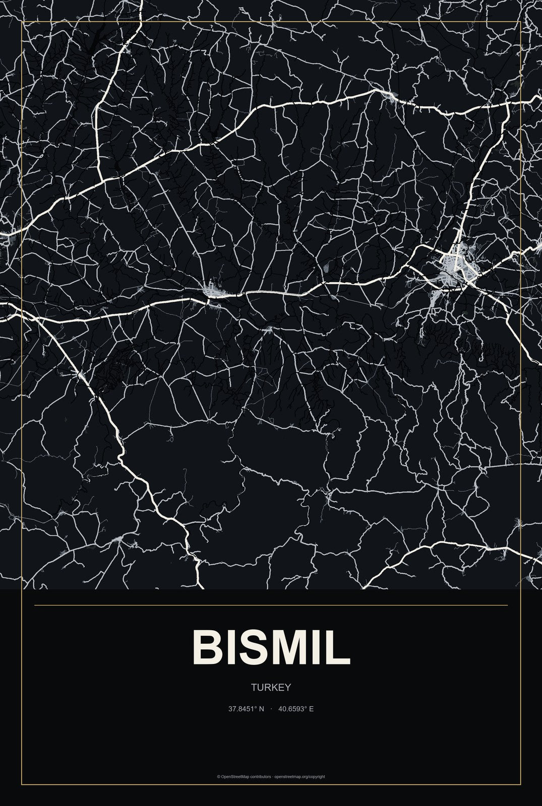 Bismil, Turkey City Map Aluminum Sign in Metropolitan Noir style